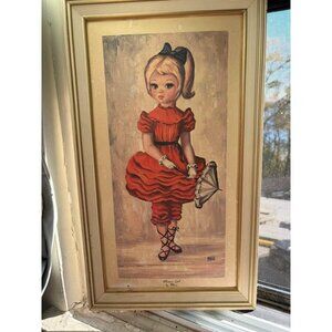 Vintage 1960s Big-Eye Girl "Bloomer Girl" by Maio Framed Lithograph Print MCM